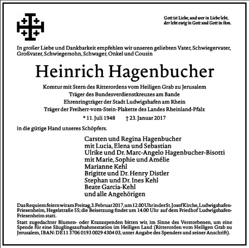  Traueranzeige für Heinrich Hagenbucher vom 28.01.2017 aus Frankfurter Allgemeine Zeitung