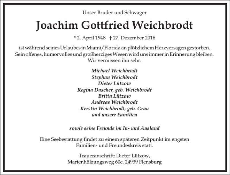  Traueranzeige für Joachim Gottfried Weichbrodt vom 21.01.2017 aus Frankfurter Allgemeine Zeitung