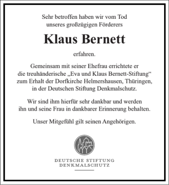 Traueranzeige von Klaus Bernett von Frankfurter Allgemeine Zeitung