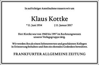 Traueranzeige von Klaus Kottke von Frankfurter Allgemeine Zeitung
