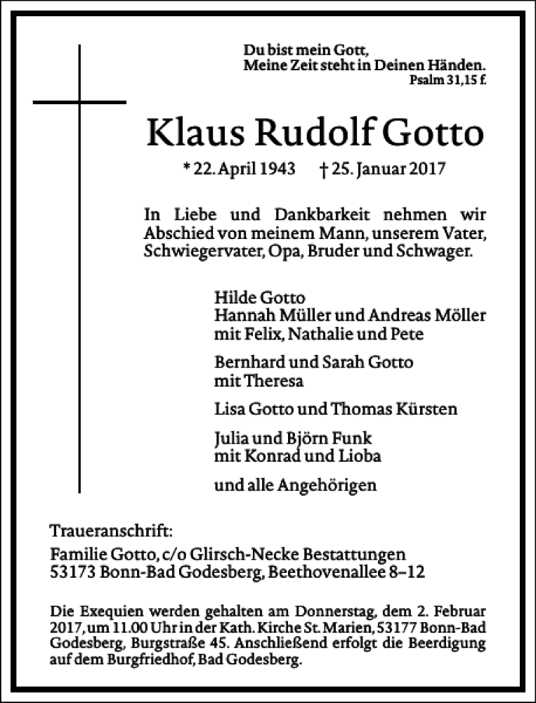  Traueranzeige für Klaus Rudolf Gotto vom 28.01.2017 aus Frankfurter Allgemeine Zeitung