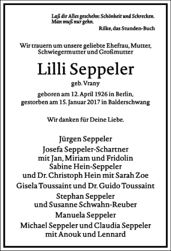 Traueranzeige von Lilli Seppeler von Frankfurter Allgemeine Zeitung