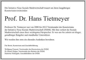 Traueranzeige von Prof. Dr. Hans Tietmeyer von Frankfurter Allgemeine Zeitung