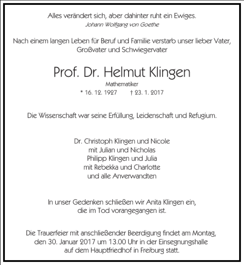  Traueranzeige für Prof. Dr. Helmut Klingen vom 26.01.2017 aus Frankfurter Allgemeine Zeitung