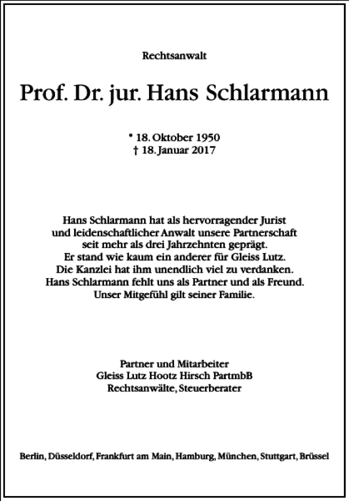  Traueranzeige für Prof. Dr. Jur. Hans Schlarmann vom 21.01.2017 aus Frankfurter Allgemeine Zeitung