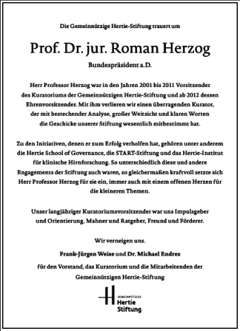 Traueranzeige von Prof. Dr. Jur. Roman Herzog von Frankfurter Allgemeine Zeitung