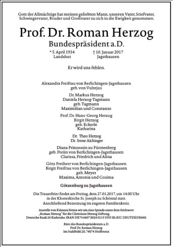  Traueranzeige für Prof. Dr. Roman Herzog vom 13.01.2017 aus Frankfurter Allgemeine Zeitung