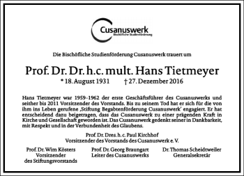 Traueranzeige von Prof.dr.dr.h.c.mult.hans Tietmeyer von Frankfurter Allgemeine Zeitung