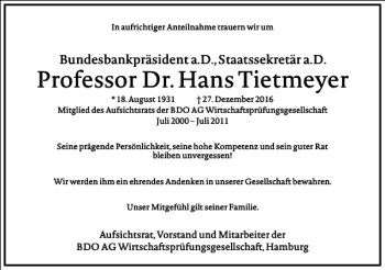 Traueranzeige von Professor Dr.hans Tietmeyer von Frankfurter Allgemeine Zeitung