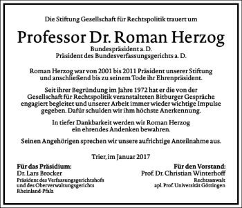 Traueranzeige von Professor Dr.roman Herzog von Frankfurter Allgemeine Zeitung