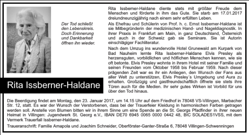  Traueranzeige für Rita Issberner-Haldane vom 21.01.2017 aus Frankfurter Allgemeine Zeitung