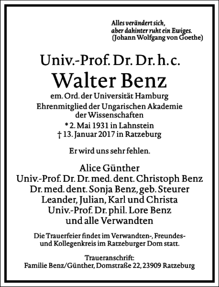 Traueranzeige für Walter Benz vom 21.01.2017 aus Frankfurter Allgemeine Zeitung