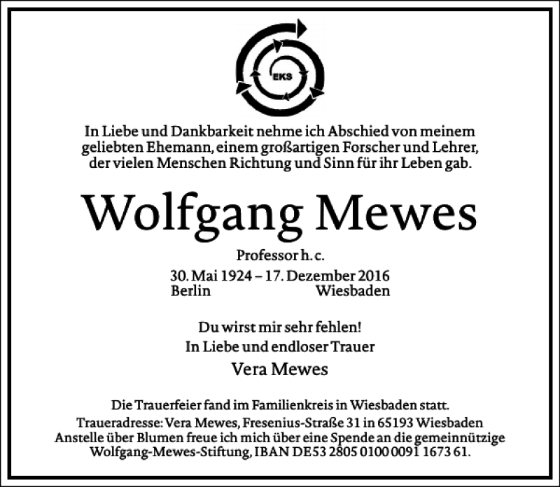  Traueranzeige für Wolfgang Mewes vom 06.01.2017 aus Frankfurter Allgemeine Zeitung