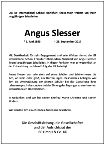 Traueranzeige von Angus Slesser von Frankfurter Allgemeine Zeitung