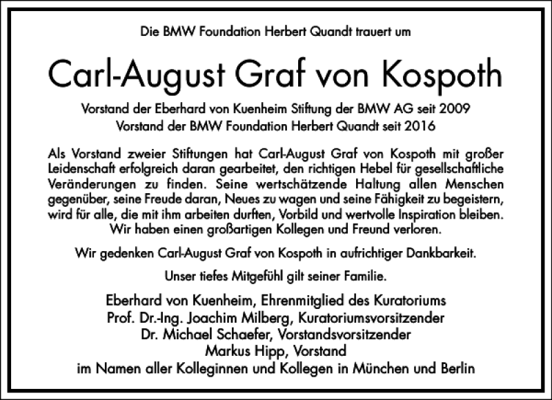  Traueranzeige für Carl-August Graf von Kospoth vom 28.10.2017 aus Frankfurter Allgemeine Zeitung