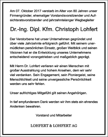 Traueranzeige von Dr.-Ing. Dipl. Kfm. Christoph Lohfert von Frankfurter Allgemeine Zeitung