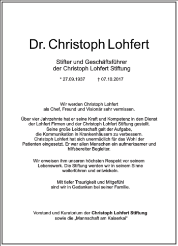 Traueranzeige von Dr. Christoph Lohfert von Frankfurter Allgemeine Zeitung