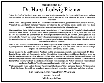 Traueranzeige von Dr. Horst-Ludwig Riemer von Frankfurter Allgemeine Zeitung