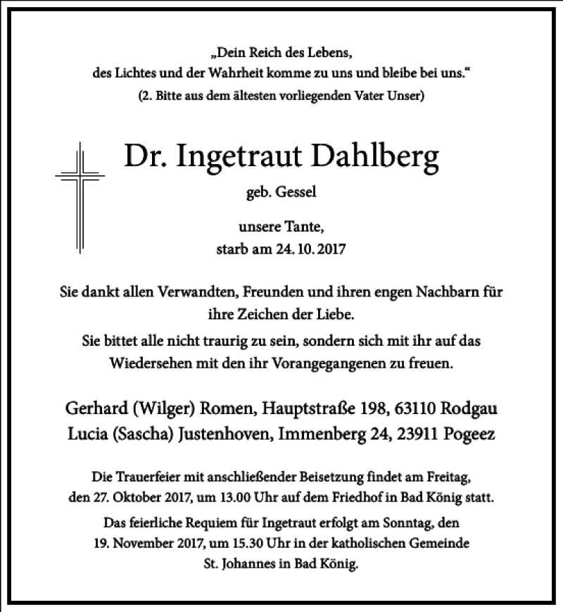  Traueranzeige für Dr. Ingetraut Dahlberg vom 26.10.2017 aus Frankfurter Allgemeine Zeitung