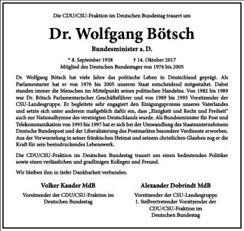 Traueranzeige von Dr. Wolfgang Bötsch von Frankfurter Allgemeine Zeitung