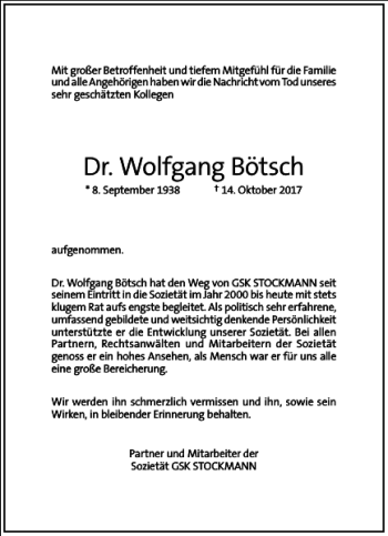 Traueranzeige von Dr. Wolfgang Bötsch von Frankfurter Allgemeine Zeitung