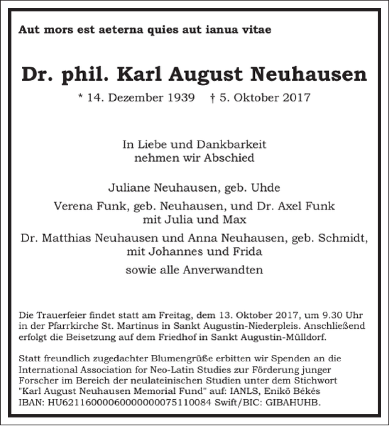  Traueranzeige für Dr. phil. Karl August Neuhausen vom 11.10.2017 aus Frankfurter Allgemeine Zeitung