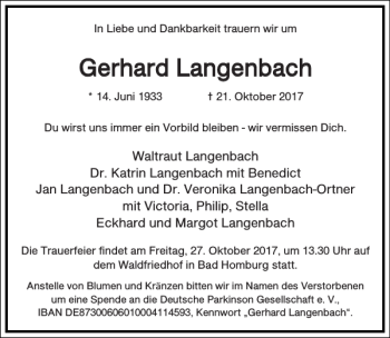 Traueranzeige von Gerhard Langenbach von Frankfurter Allgemeine Zeitung