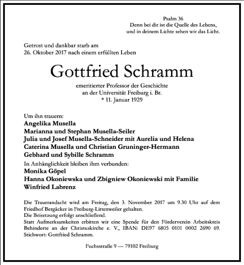  Traueranzeige für Gottfried Schramm vom 30.10.2017 aus Frankfurter Allgemeine Zeitung