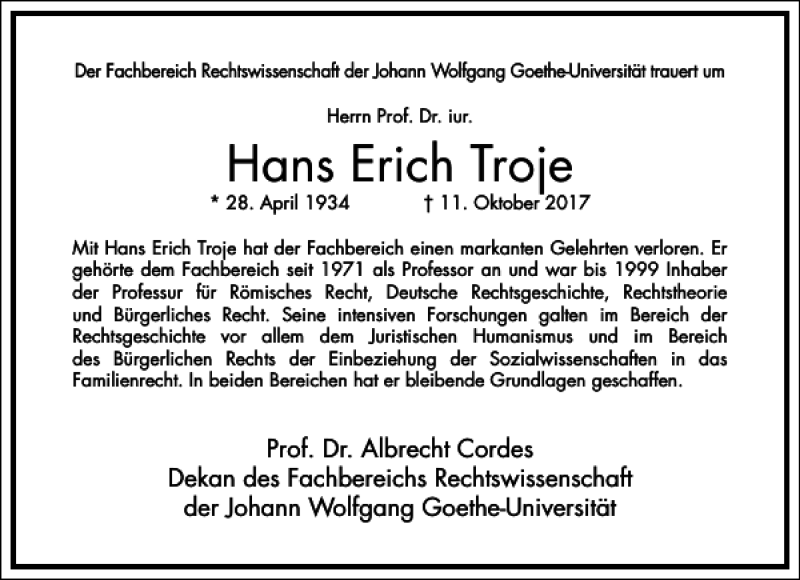  Traueranzeige für Hans Erich Troje vom 21.10.2017 aus Frankfurter Allgemeine Zeitung
