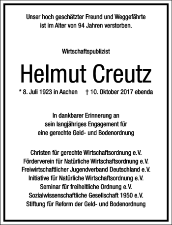 Traueranzeige von Helmut Creutz von Frankfurter Allgemeine Zeitung