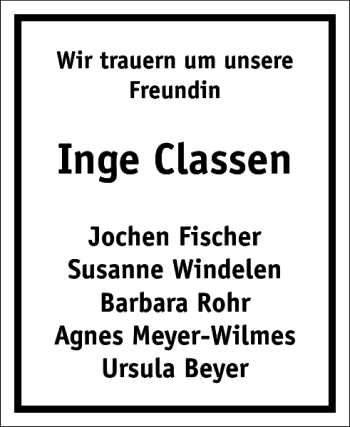 Traueranzeige von Inge Classen von Frankfurter Allgemeine Zeitung