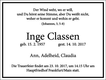 Traueranzeige von Inge Classen von Frankfurter Allgemeine Zeitung