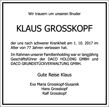 Traueranzeige von KLAUS GROSSKOPF von Frankfurter Allgemeine Zeitung