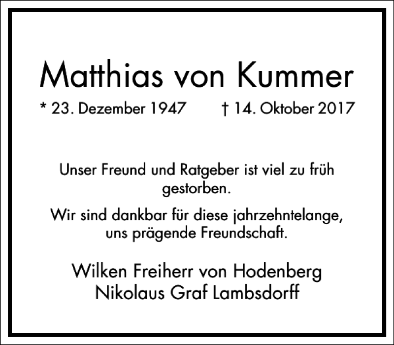  Traueranzeige für Matthias von Kummer vom 28.10.2017 aus Frankfurter Allgemeine Zeitung