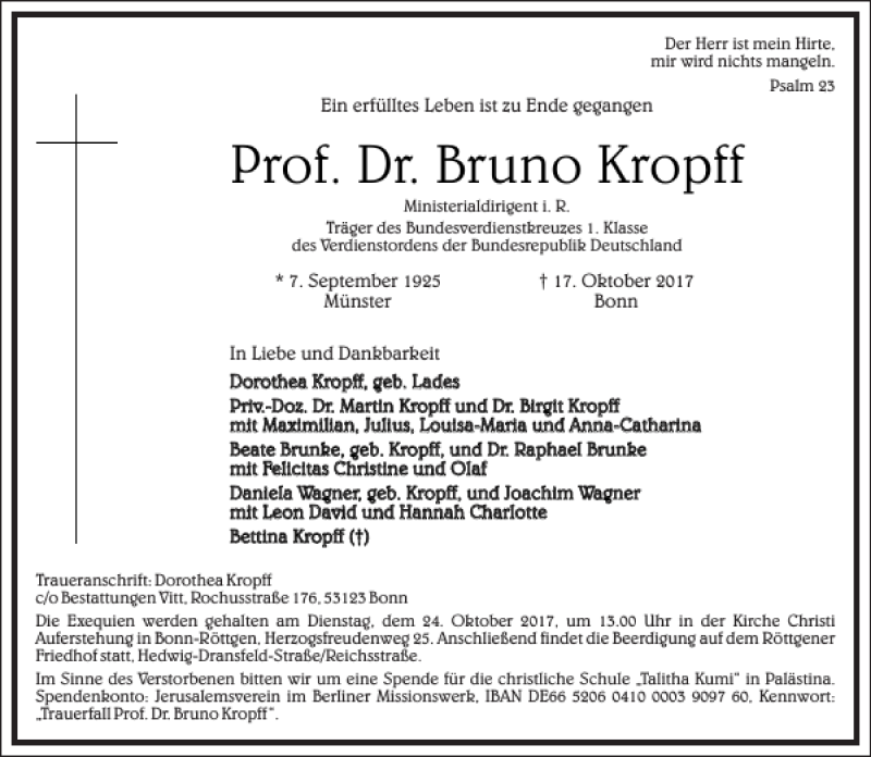  Traueranzeige für Prof. Dr. Bruno Kropff vom 21.10.2017 aus Frankfurter Allgemeine Zeitung