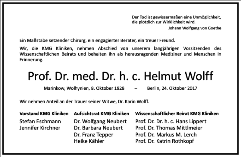  Traueranzeige für Prof. Dr. med. Dr. h.c. Helmut Wolff  vom 28.10.2017 aus Frankfurter Allgemeine Zeitung