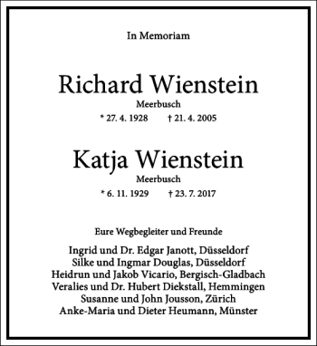 Traueranzeige von Richard Wienstein Katja Wienstein von Frankfurter Allgemeine Zeitung