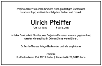 Traueranzeige von Ulrich Pfeiffer von Frankfurter Allgemeine Zeitung
