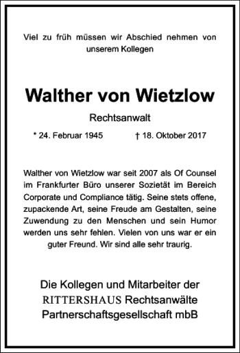 Traueranzeige von Walther von Wietzlow von Frankfurter Allgemeine Zeitung