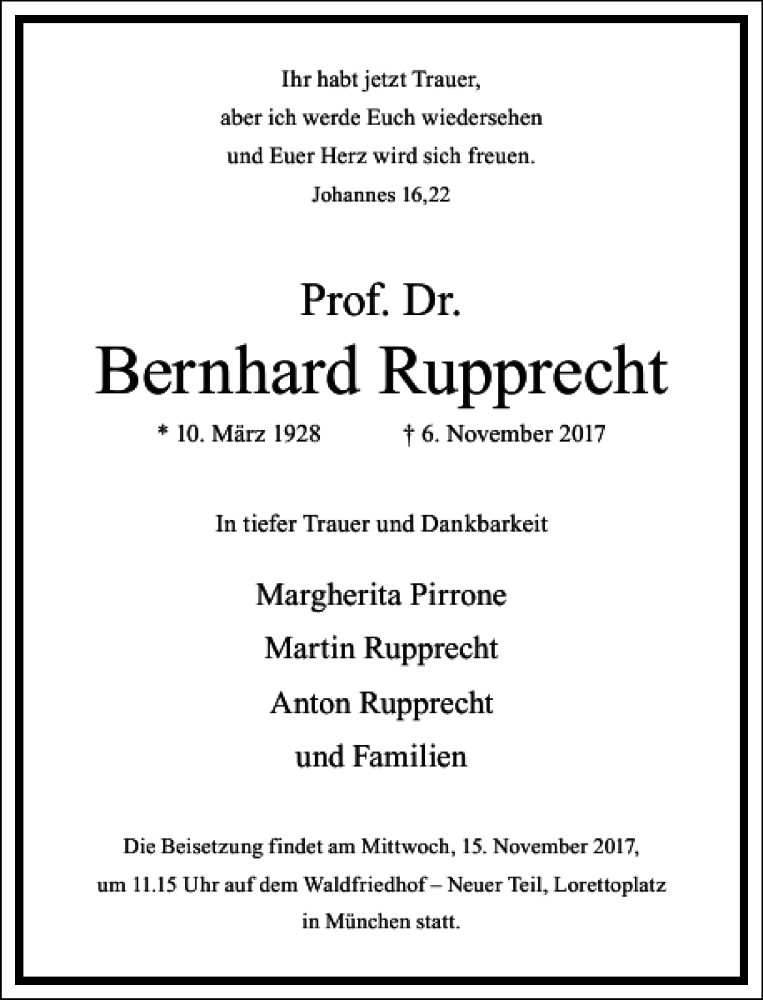  Traueranzeige für Bernhard Rupprecht vom 11.11.2017 aus Frankfurter Allgemeine Zeitung