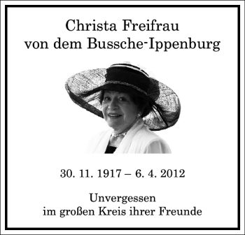 Traueranzeige von Christa Freifrau von Bussche-Ippenburg von Frankfurter Allgemeine Zeitung