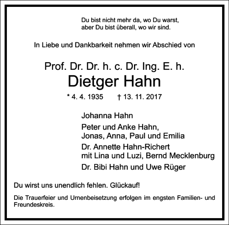  Traueranzeige für Dietger Hahn vom 18.11.2017 aus Frankfurter Allgemeine Zeitung