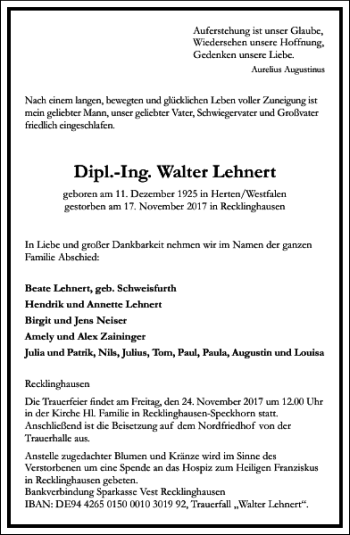 Traueranzeige von Dipl.-Ing. Walter Lehnert von Frankfurter Allgemeine Zeitung