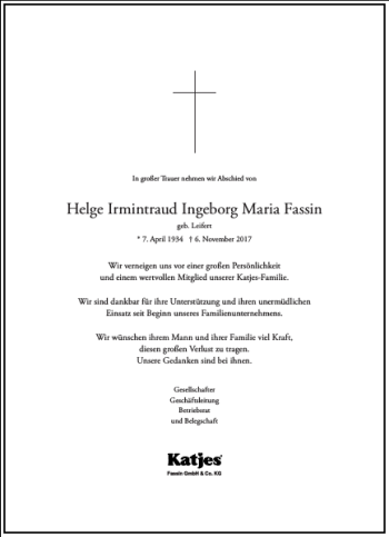 Traueranzeige von Helge Irmintraud Ingeborg Maria Fassin von Frankfurter Allgemeine Zeitung