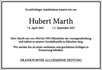 Traueranzeige von Hubert Marth von Frankfurter Allgemeine Zeitung