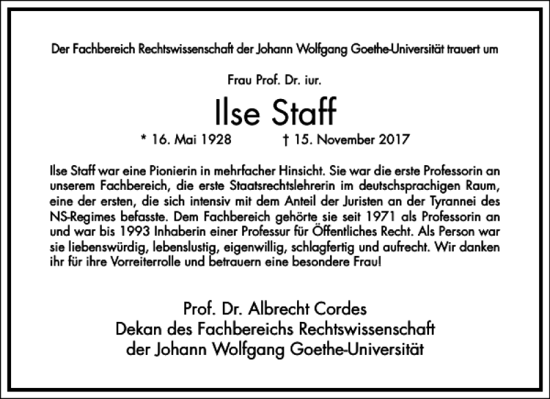  Traueranzeige für Ilse Staff vom 25.11.2017 aus Frankfurter Allgemeine Zeitung