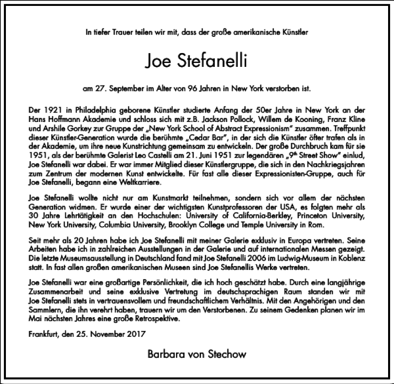  Traueranzeige für Joe Stefanelli vom 25.11.2017 aus Frankfurter Allgemeine Zeitung