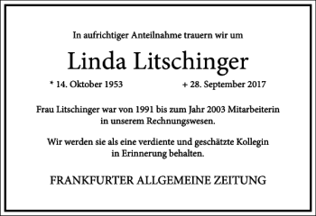Traueranzeige von Linda Litschinger von Frankfurter Allgemeine Zeitung