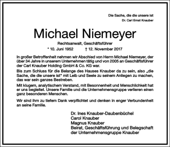 Traueranzeige von Michael Niemeyer von Frankfurter Allgemeine Zeitung