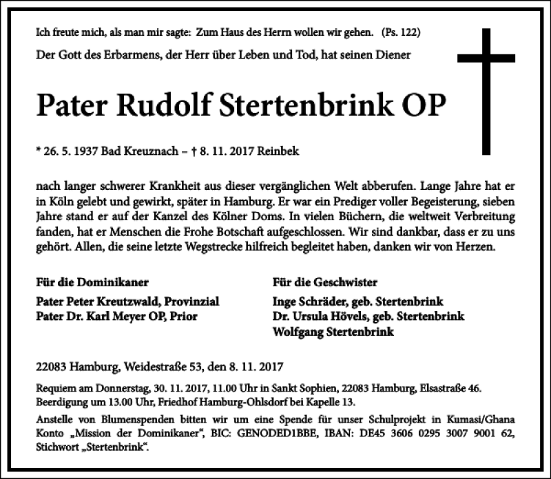  Traueranzeige für Pater Rudolf Stertenbrink OP vom 18.11.2017 aus Frankfurter Allgemeine Zeitung